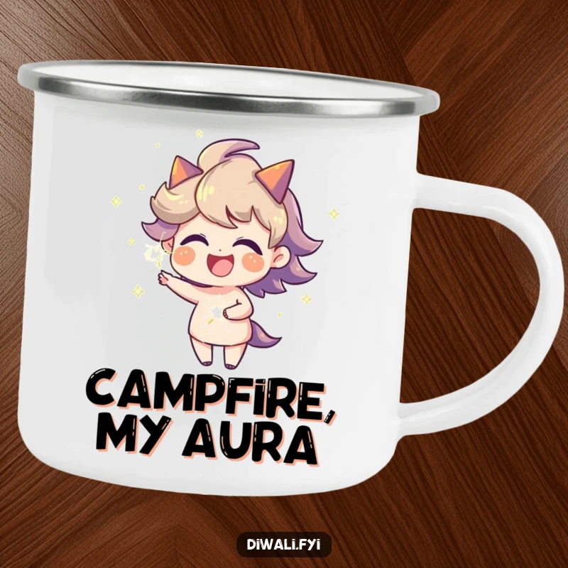Funny joyful character with a fiery aura spinning a sparkler on a camping mug, ideal for outdoor festivities and a touch of humor.
