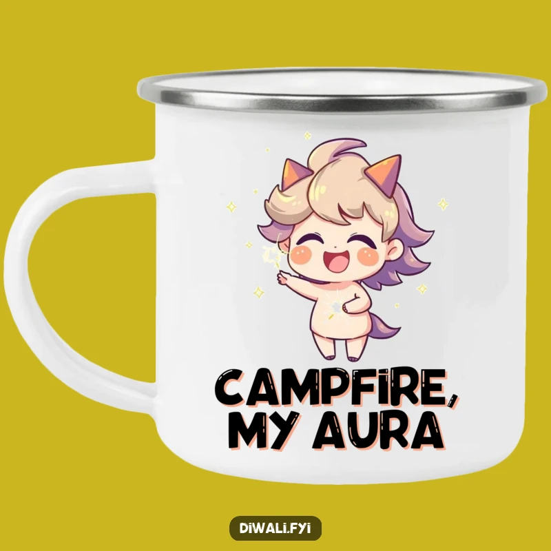 Funny Fiery Aura Sparkler Camping Mug, Joyful Character Outdoor Fun