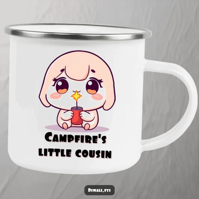 Funny kawaii character with sparkling eyes, lighting a small firecracker near a campfire, adventurous spirit.