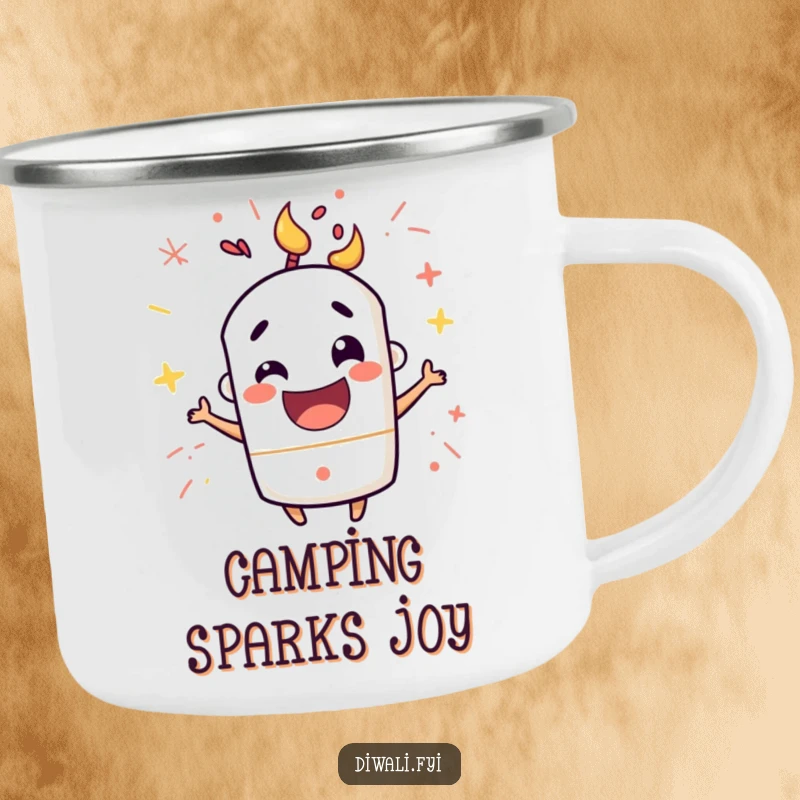 Funny camping mug with a mischievous firecracker character popping with happy excitement, durable and charming for energetic outdoor fun.