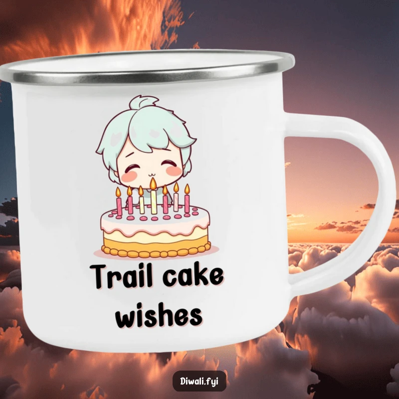 Funny camping mug with a smiling character blowing out candles on a festive birthday cake, ideal for celebrating outdoors with a touch of humor.