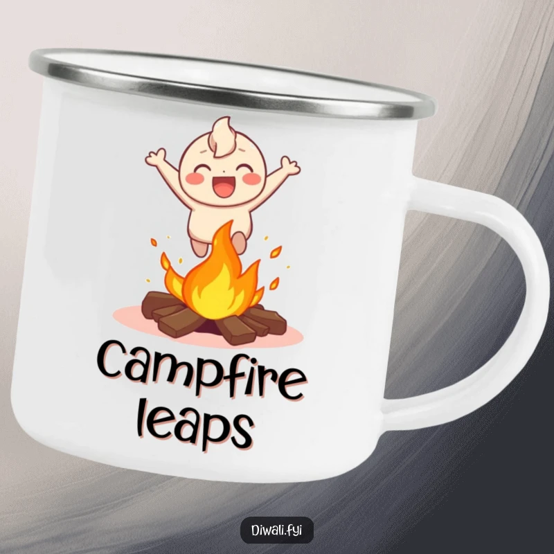 Funny camping mug depicting a happy character leaping over a small bonfire with a laugh, ideal for outdoor adventurers who appreciate humor and excitement.