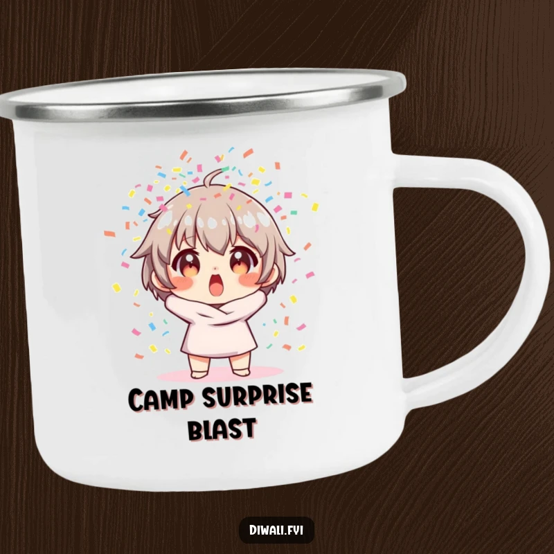 Funny camping mug with a character showing surprise as colorful confetti explodes around them, perfect for festive camp moments.