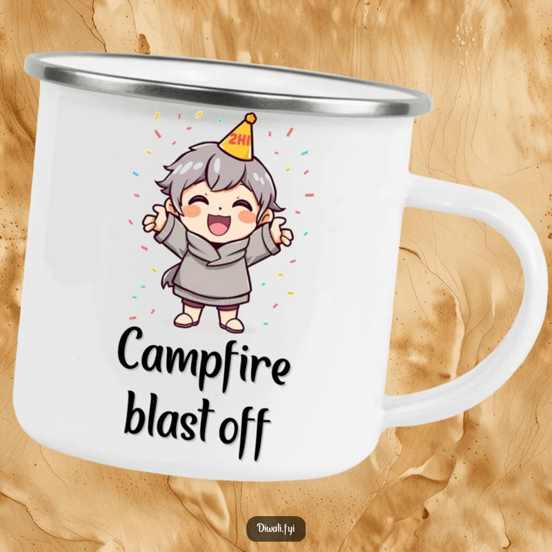 Funny Celebration Camping Mug: A cheerful character strikes a celebratory pose with confetti, bringing party vibes anywhere.