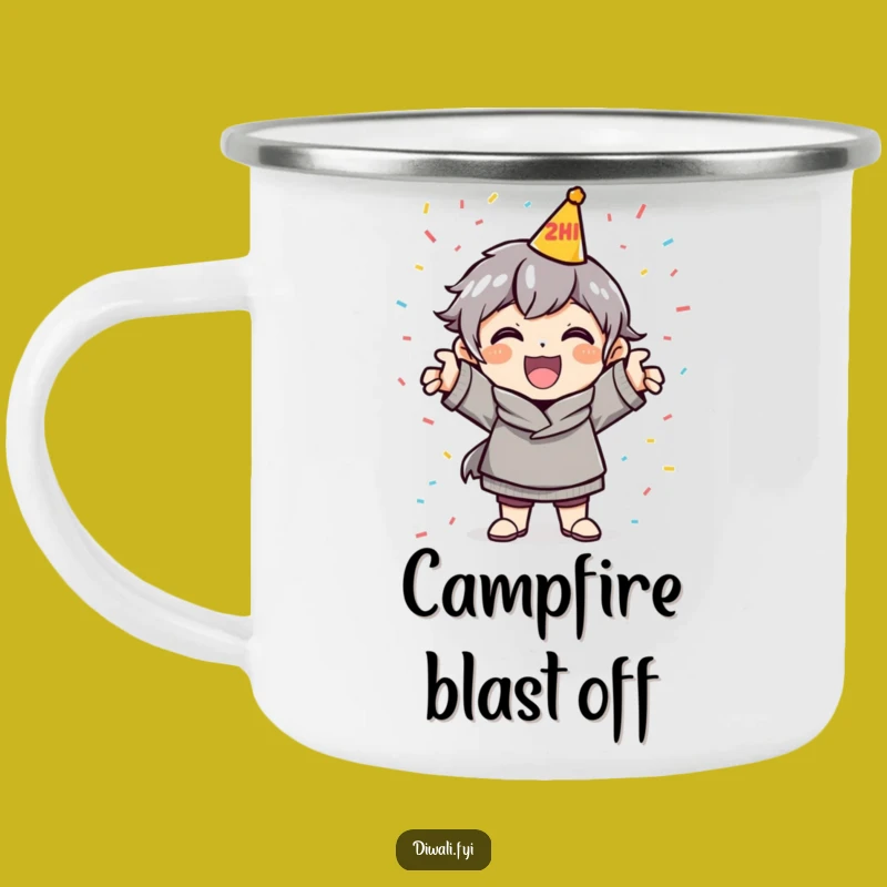 Funny Celebration Pose Camping Mug: Cheerful Character Outdoor Gift