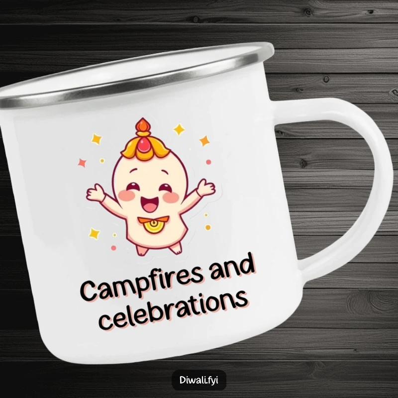 Funny, happy diya character energetically spinning, ready for festive adventures on a durable camping mug.