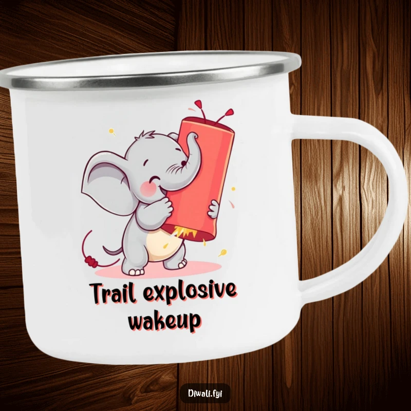 Funny camping mug illustration of a tiny elephant wrestling a massive, glowing firecracker, evoking outdoor fun and humor.