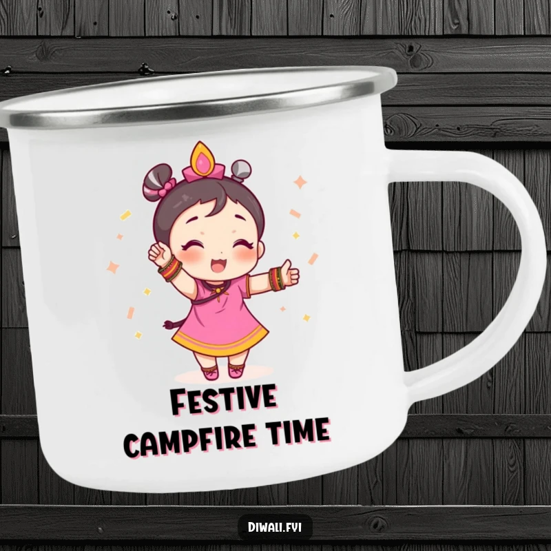 Funny camping mug with a small character wearing festive bangles and striking a celebratory pose, ready for the outdoors.