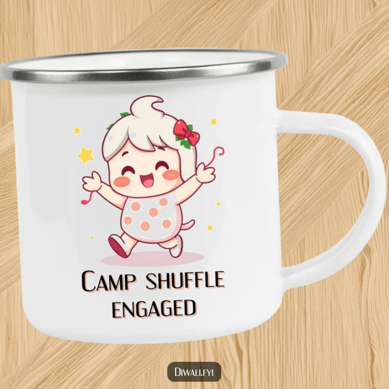 Funny camping mug featuring a character doing a happy shuffle dance amidst festive decorations, ideal for outdoor celebrations.
