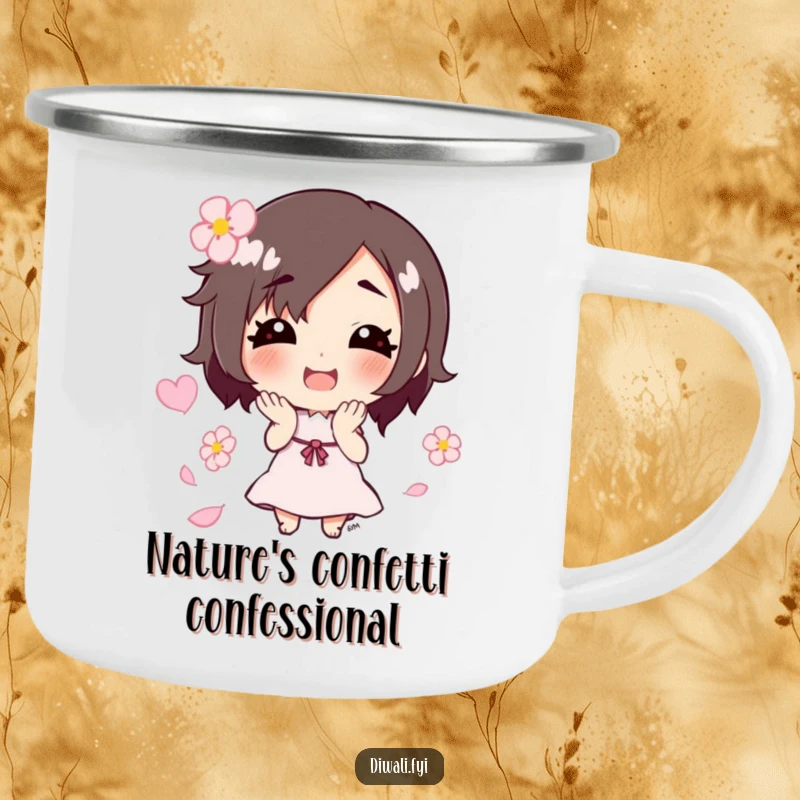 Funny camping mug with a smiling character tossing flower petals, designed for outdoor enthusiasts and adding cheer to campfire moments.