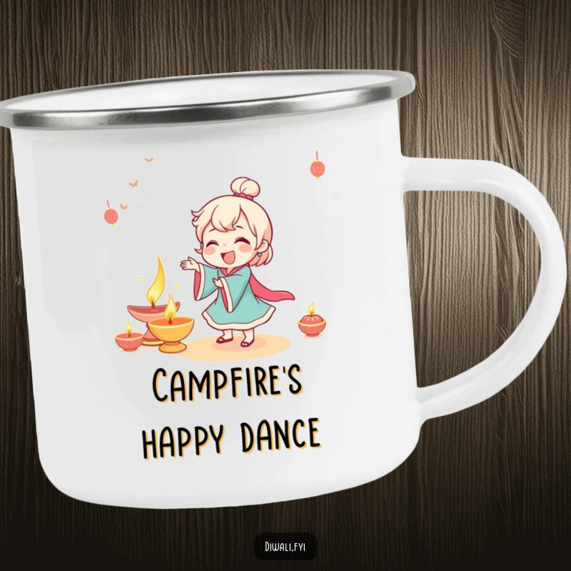 Funny character giggling while dancing near a beautifully lit diya around a campfire, festive outdoors.