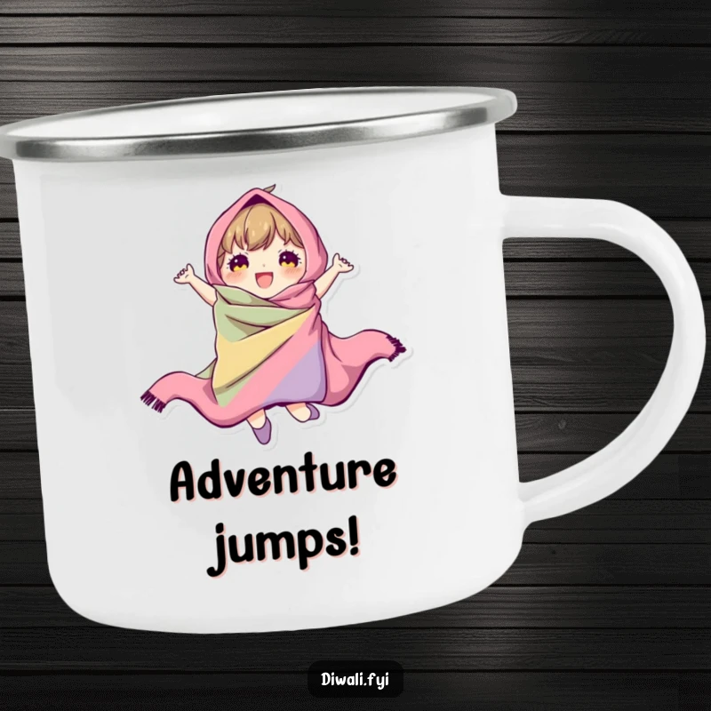 A character humorously captured mid-jump, wrapped in colorful fabric, on a camping mug for energetic outdoor enjoyment.