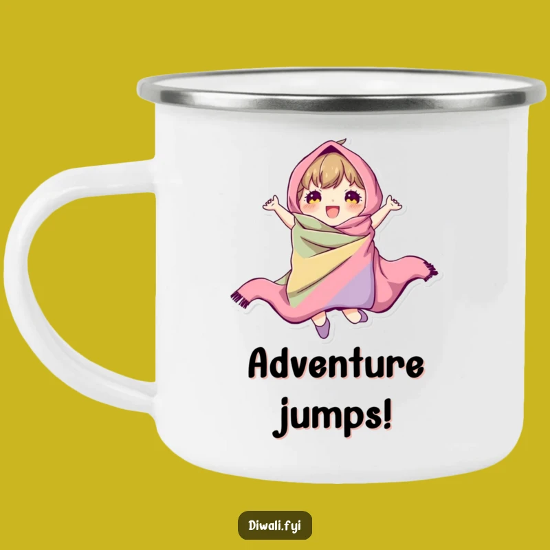 Funny Jumping Character Camping Mug: Energetic Adventures, Hilarious Fabric Vibes, Perfect Funny Gift!