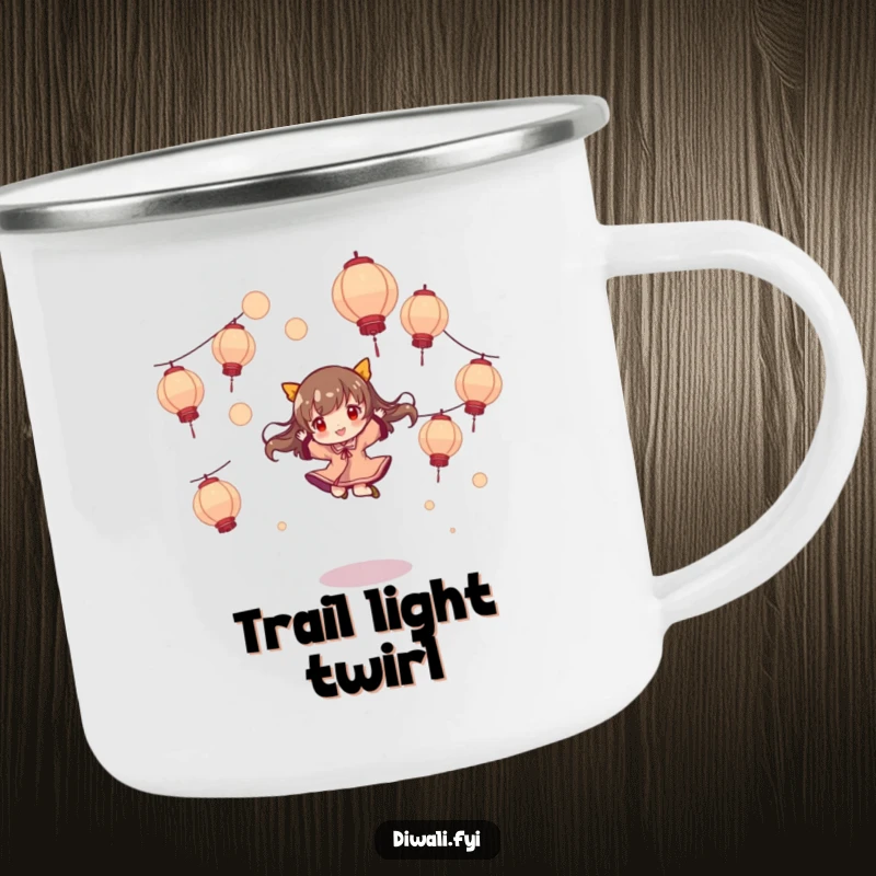 Funny camping mug, character playfully jumping and twirling, amidst floating lanterns, durable and humorous for outdoor use.