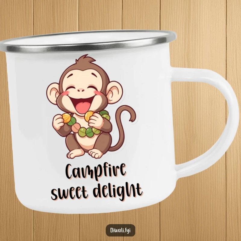 Funny enamel camping mug featuring a laughing monkey wearing a garland, playfully eating a sweet, ready for outdoor fun with humor.