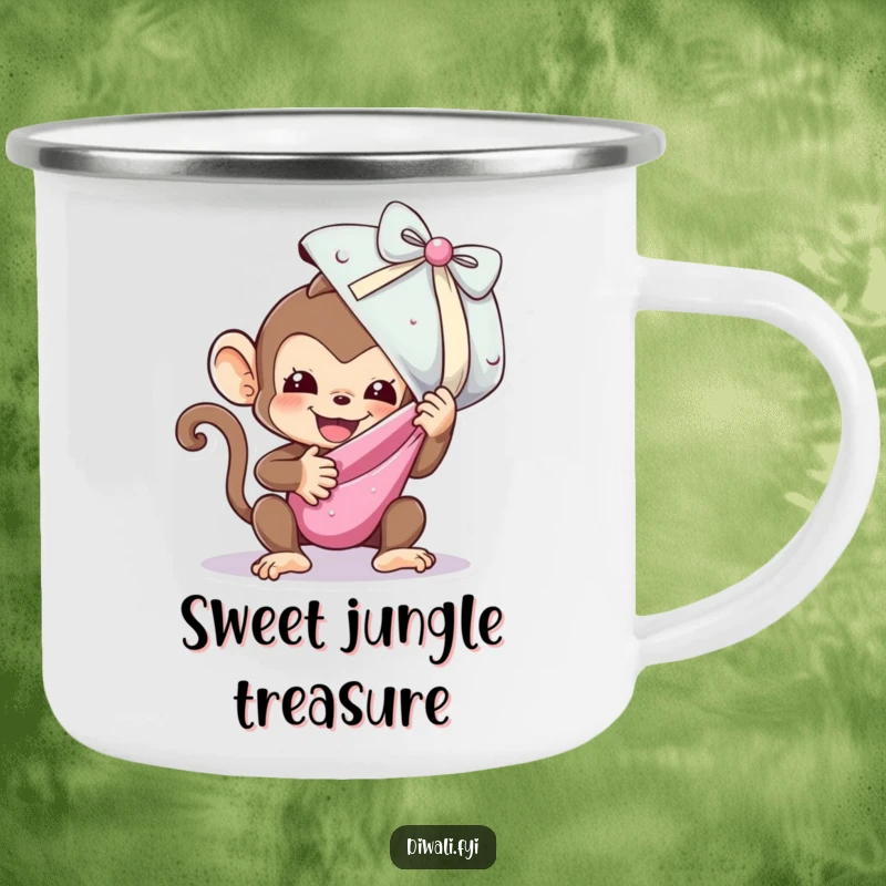 Funny camping mug illustration of a happy monkey unwrapping a huge, sparkling sweet, perfect for outdoor enjoyment.
