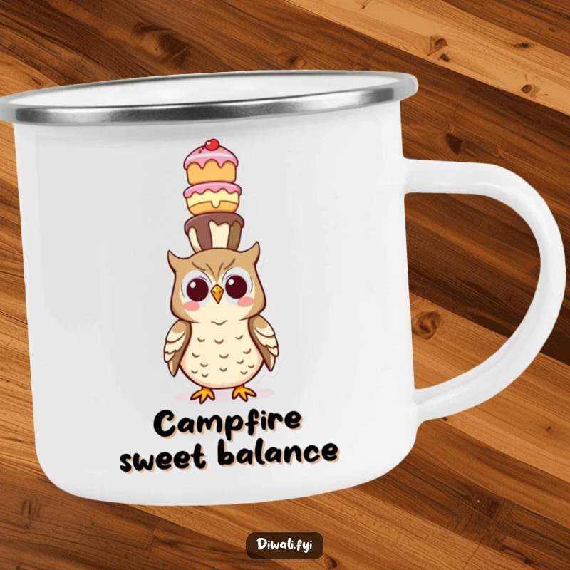 Funny camping mug illustration of a happy owl balancing a large tower of sweet treats on its head, perfect for outdoor enjoyment.