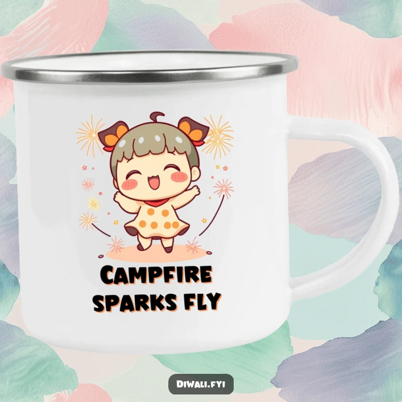 Funny camping mug with a playful character dancing amidst small firecrackers, designed to bring festive energy to outdoor trips.