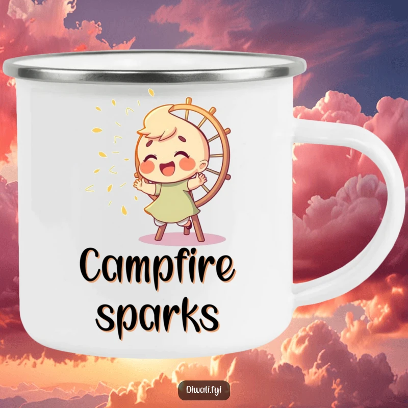 Funny camping mug with a giggling character playfully chasing sparks from a Catherine wheel, ideal for outdoor enthusiasts who enjoy humor and playful energy.