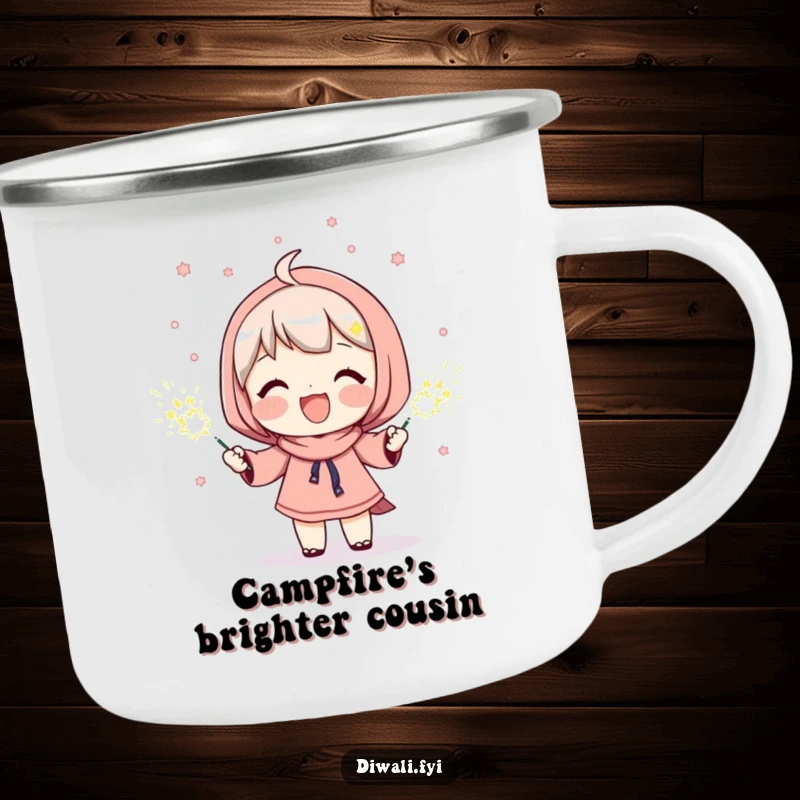 Funny camping mug with a character beaming happily while holding sparklers, ideal for enjoying drinks outdoors with a radiant, joyful vibe.