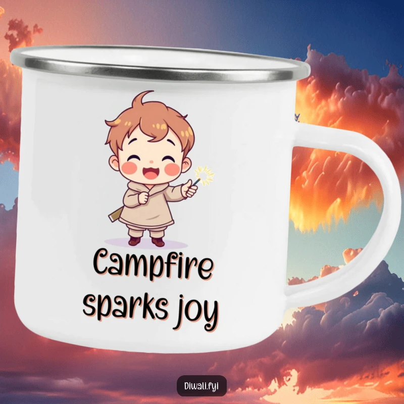 Funny camping mug with a delighted child character holding a sparkler torch, durable and charming for outdoor magical moments.