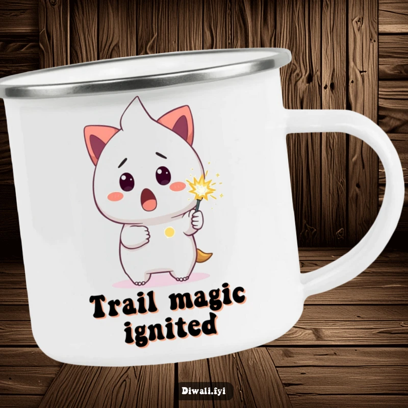 Funny camping mug featuring a surprised character holding a small, glowing sparkler, perfect for outdoor humor.