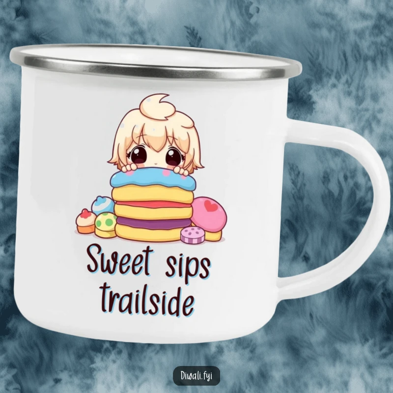 Funny camping mug featuring a surprised character peeking from behind a mound of colorful sweets, designed for outdoor enjoyment.