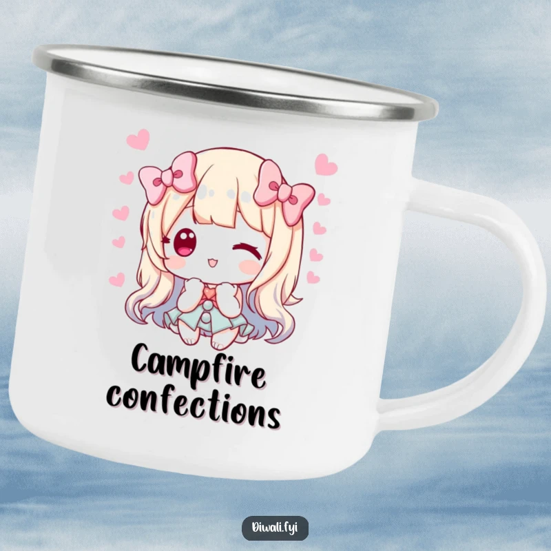 Funny camping mug with a character offering sweets, ideal for sharing and enjoying treats outdoors with a kind gesture.