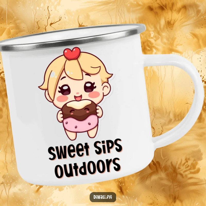 Funny camping mug with a joyful character offering a sweet treat, designed for ruggedness and a dose of happiness.