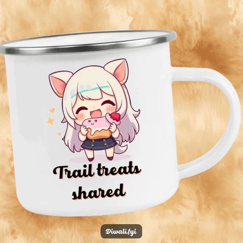 Funny camping mug featuring a smiling character offering a sweet treat, ideal for sharing snacks during outdoor adventures.
