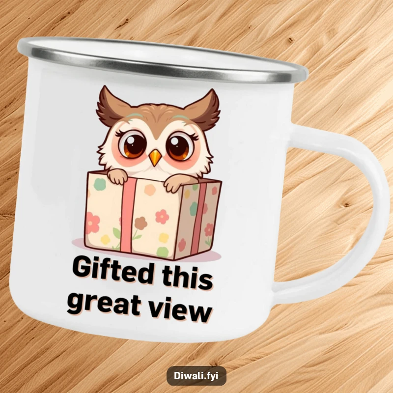 Funny enamel camping mug featuring a surprised owl peeking from a decorated gift box, ready for any outdoor adventure with a humorous twist.