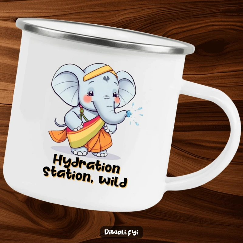 Funny enamel camping mug featuring a happy elephant in a sari, playfully spraying water, ready for any outdoor adventure with a humorous twist.