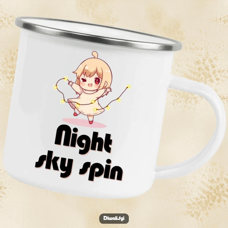 Funny Light Spin Camping Mug: A character playfully spins with lights, ready for outdoor adventures and festive moments.