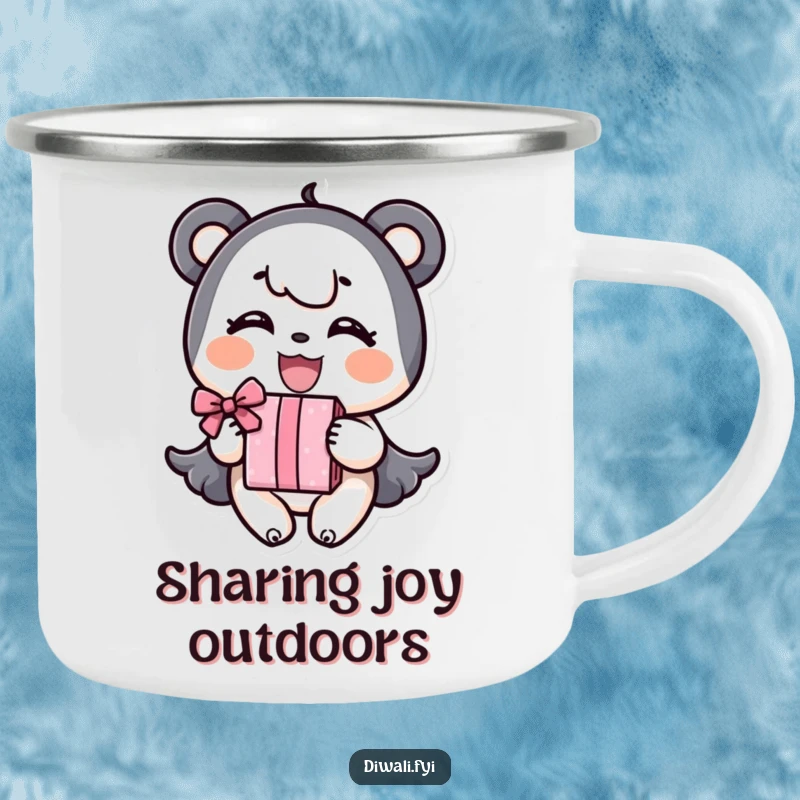 Funny Camping Mug: A happy character joyfully offers a gift, ideal for rugged, humorous adventures.