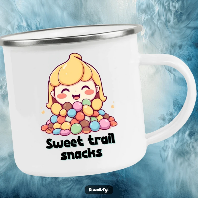 Funny camping mug with a happy character, big grin, offering a pile of sweets for outdoor enjoyment.