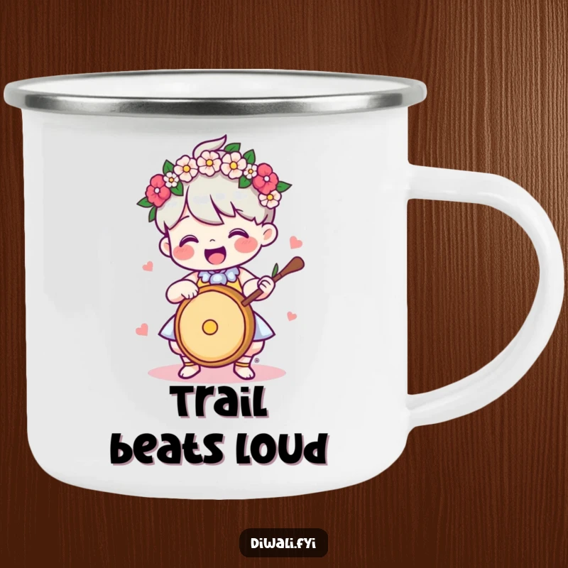 Funny Camping Mug: Delighted character with a flower garland, playing a drum, ideal for outdoor music lovers.