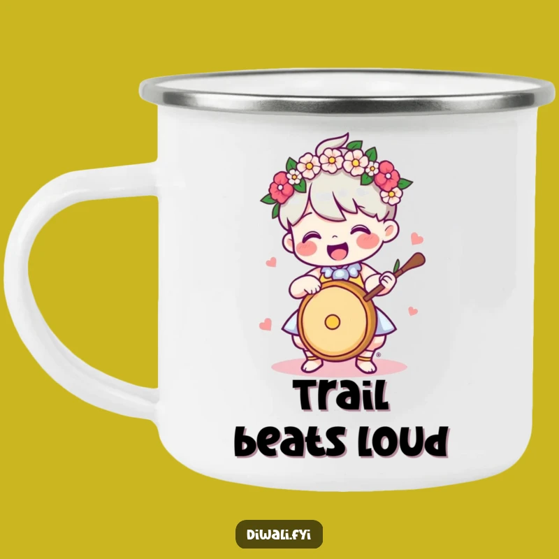 Funny Enamel Mug: Drummer Character With Garland, Hilarious Outdoor Gift