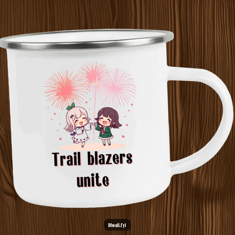 Funny camping mug with a cheerful character and friend enjoying a fireworks display, perfect for outdoor enthusiasts who appreciate humor and celebration.