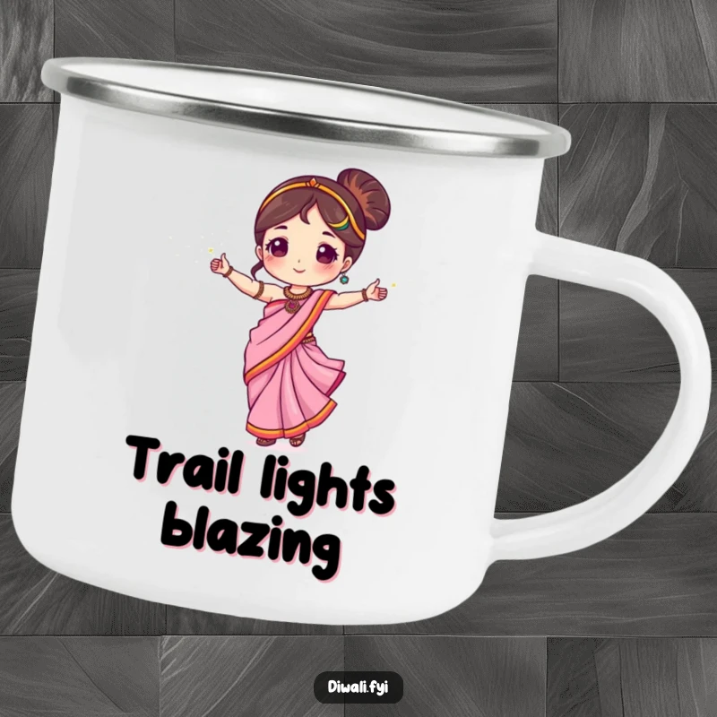 Funny camping mug with a cute character in a sari, dancing with sparklers, for outdoor fun.
