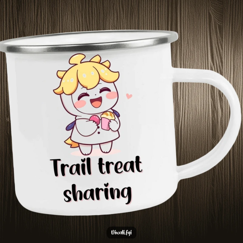 Funny camping mug with a laughing character sharing a sweet treat with another, designed for sharing moments outdoors.