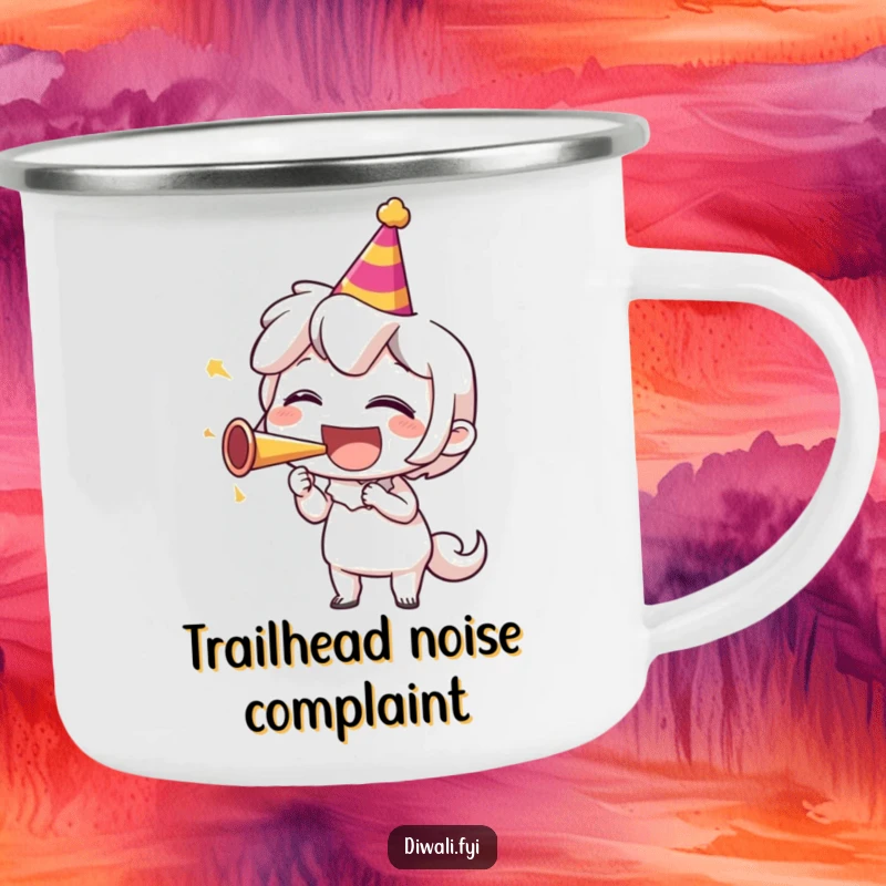 Funny camping mug showing a character laughing as they blow a party horn, embodying an adventurous and joyous spirit for outdoor trips.
