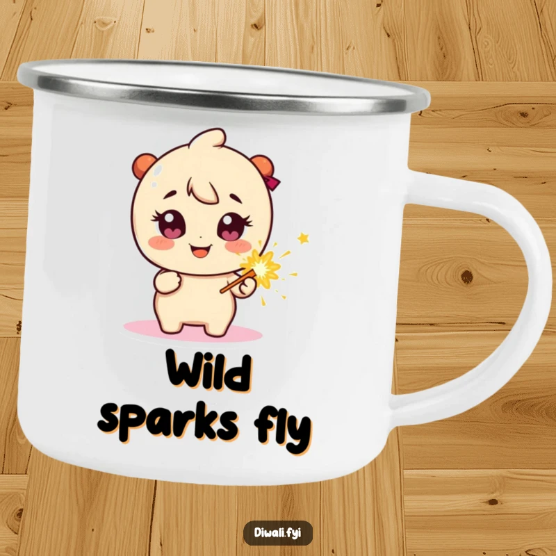 Funny Camping Mug: Happy character with sparkly eyes, holding a firecracker, ideal for festive outdoor fun.