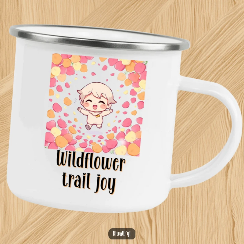 Funny Giggling Character Camping Mug: A giggling character runs through colorful petals, a humorous and durable mug for outdoor fun.