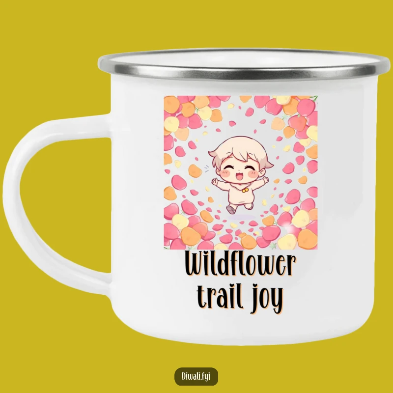 Funny Giggling Character Petal Camping Mug: Enamel mug with a giggling character running through petals, a fun funny gift.