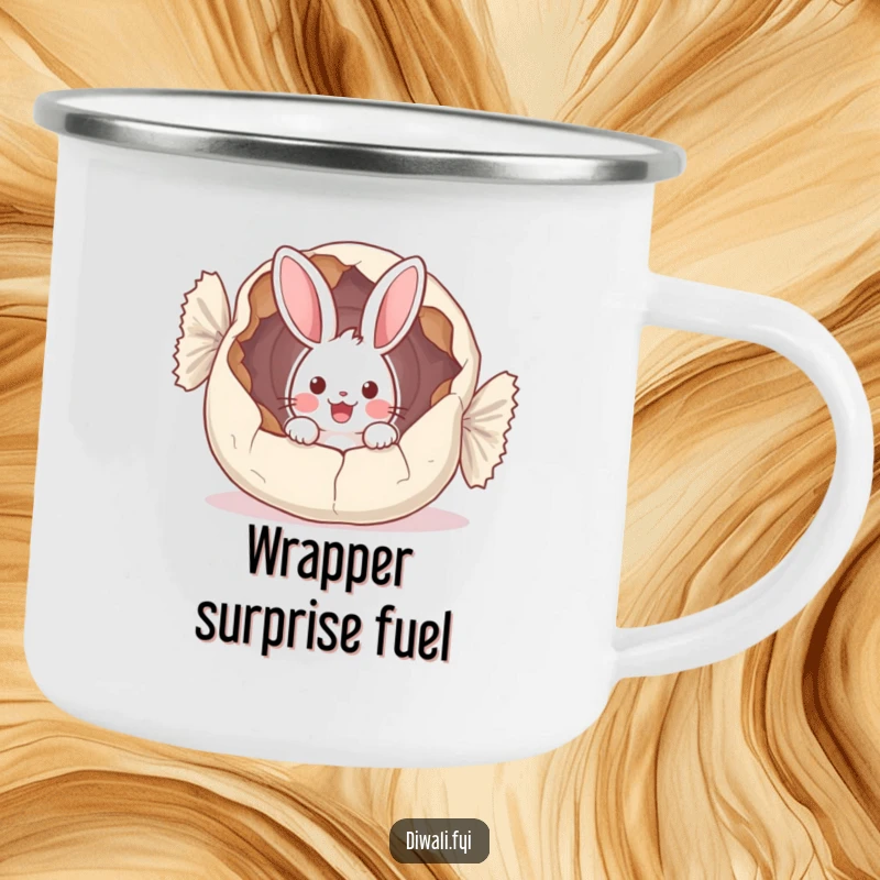 Funny camping mug illustration of a surprised bunny peeking from a huge, cracked sweet wrapper, perfect for outdoor enjoyment.