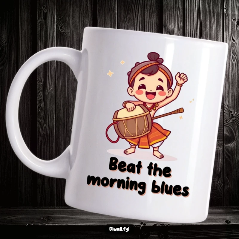 Funny mug showing a jubilant character energetically playing a dhol drum with impressive rhythm.