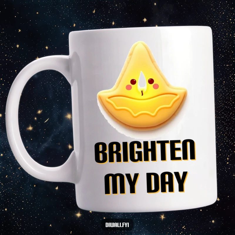 Funny mug with a cheerful sugar cookie shaped like a diya lamp, glowing with a warm, inviting light.