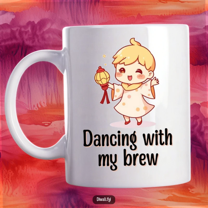 Funny mug showing a character gleefully doing a silly dance while holding a small, glowing diya lantern.