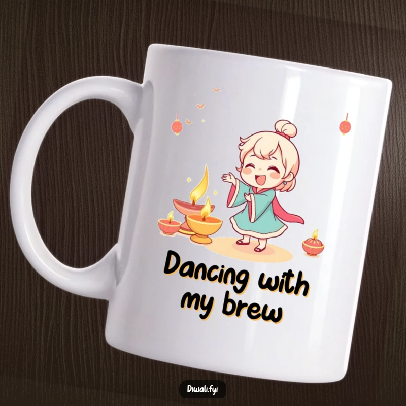 Funny character giggling gleefully while dancing near a beautifully lit diya, radiating happiness.