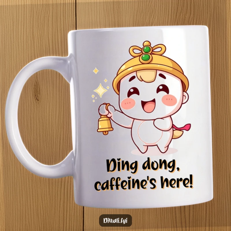 Funny mug showing a joyful character excitedly ringing a bell with sparks flying, celebrating an energetic moment.